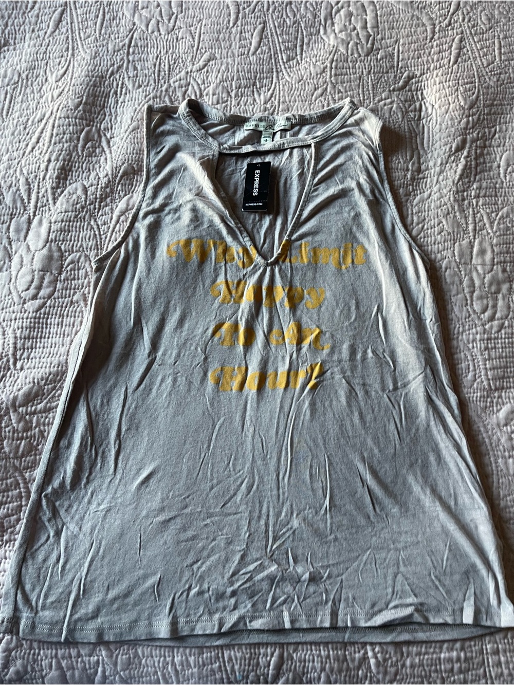 Express Women's Light Gray V-Neck Graphic Tank with Yellow Print